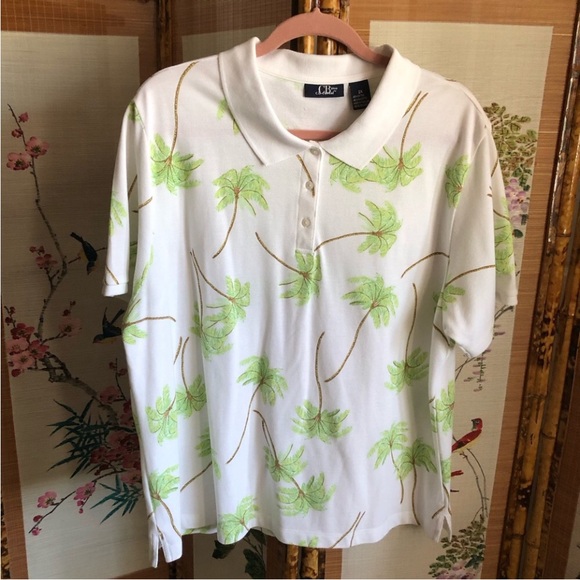 CB casual Tops - CB Casual polo shirt tropical white green palm trees button placket short sleeve